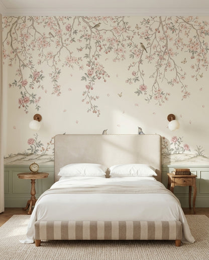 Pink Cherry Wallpaper Blossom Bird Wall Mural