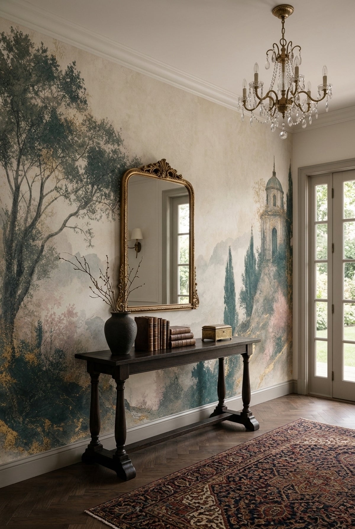 Muted Green Wallpaper Misty Mountains Stone Villa Wall Mural