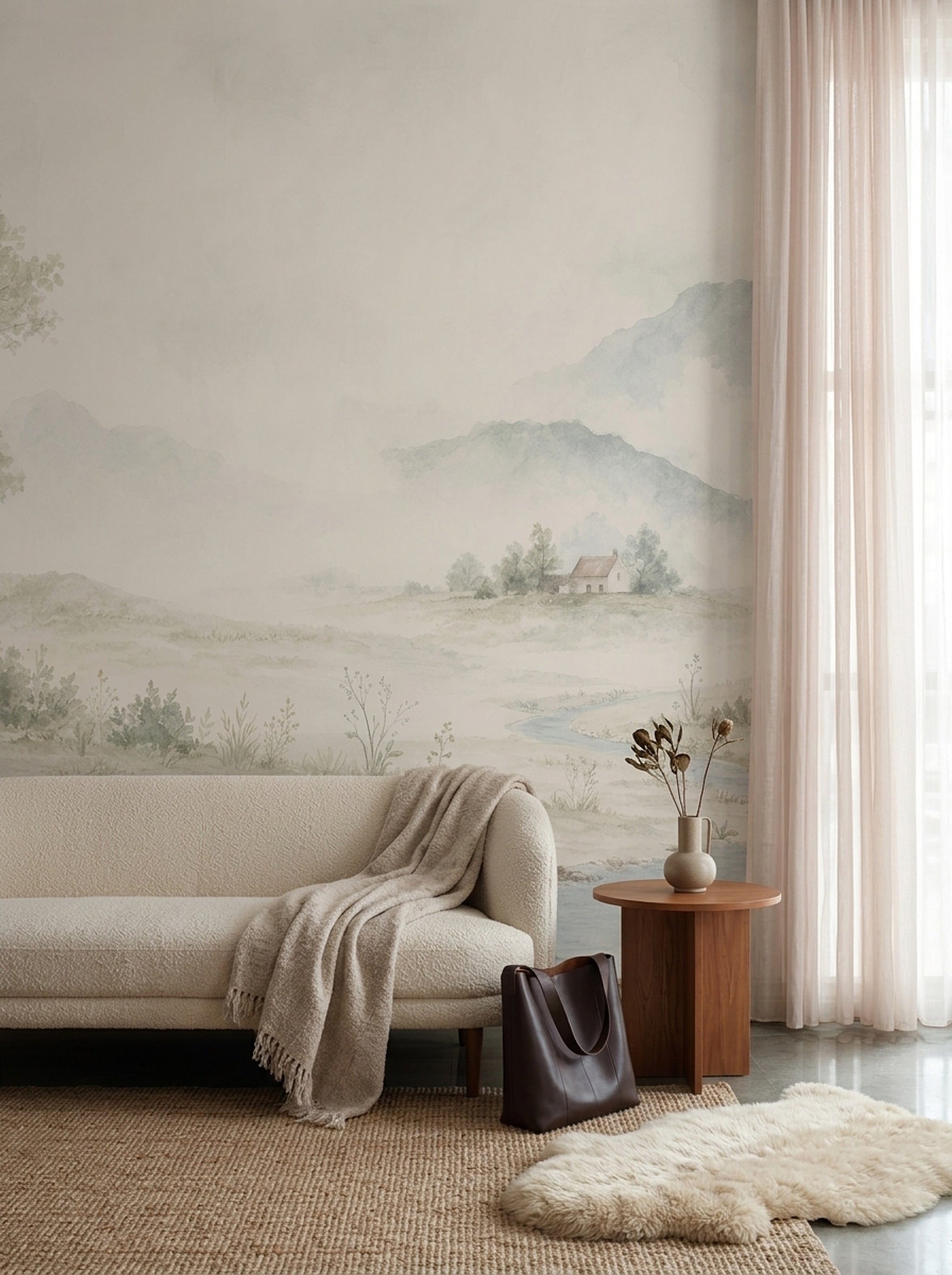 Watercolor Landscape Wallpaper Misty Mountains Pastoral Countryside Wall Mural