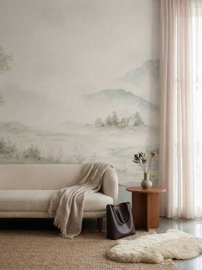 Watercolor Landscape Wallpaper Misty Mountains Pastoral Countryside Wall Mural