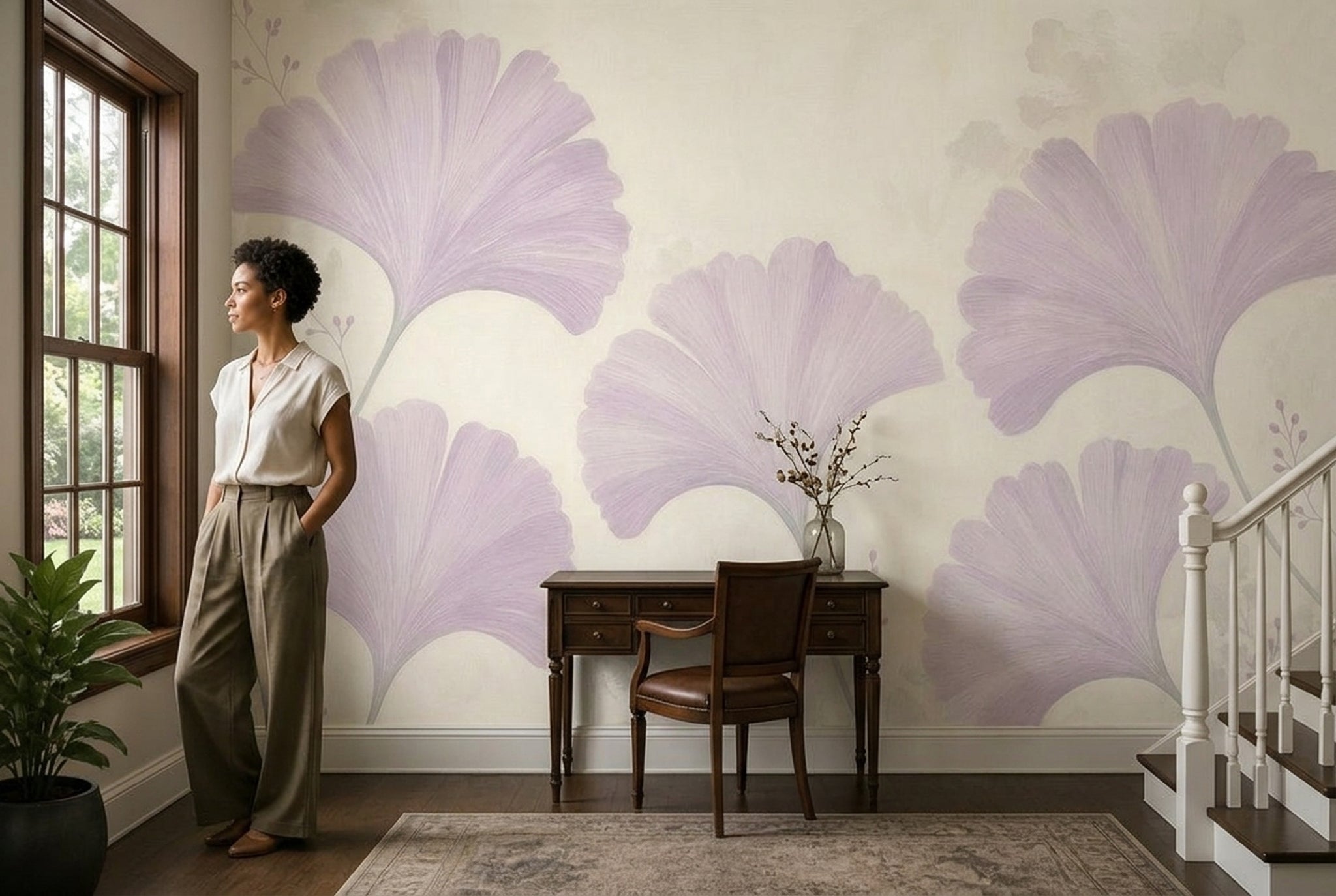 Ginkgo Wallpaper Lavender Cream Wall Mural
