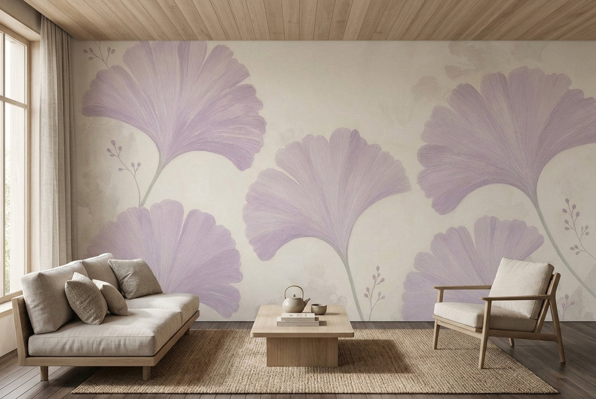 Ginkgo Wallpaper Lavender Cream Wall Mural