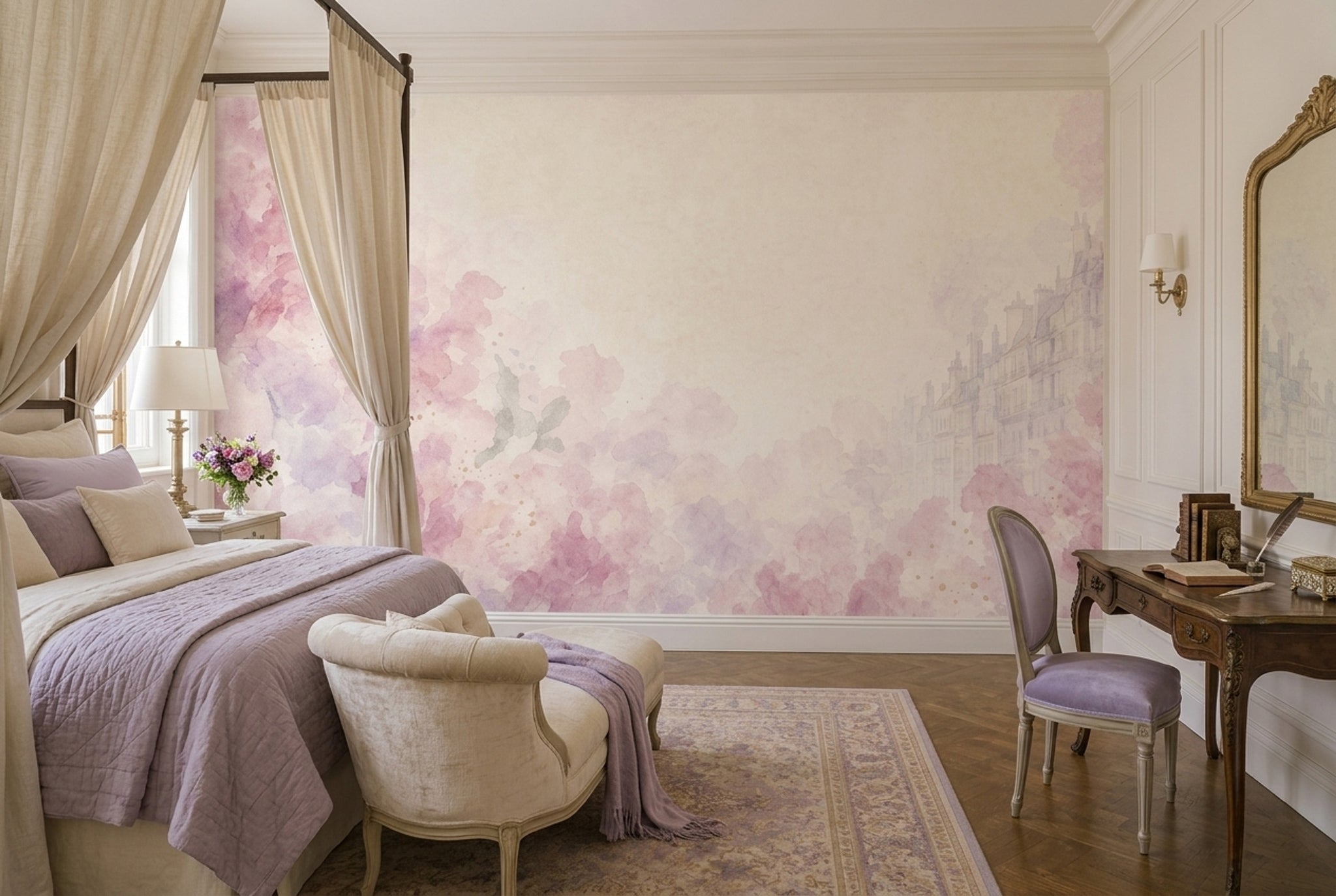 Watercolor Floral Wallpaper Pink Flowers Cream Background Wall Mural