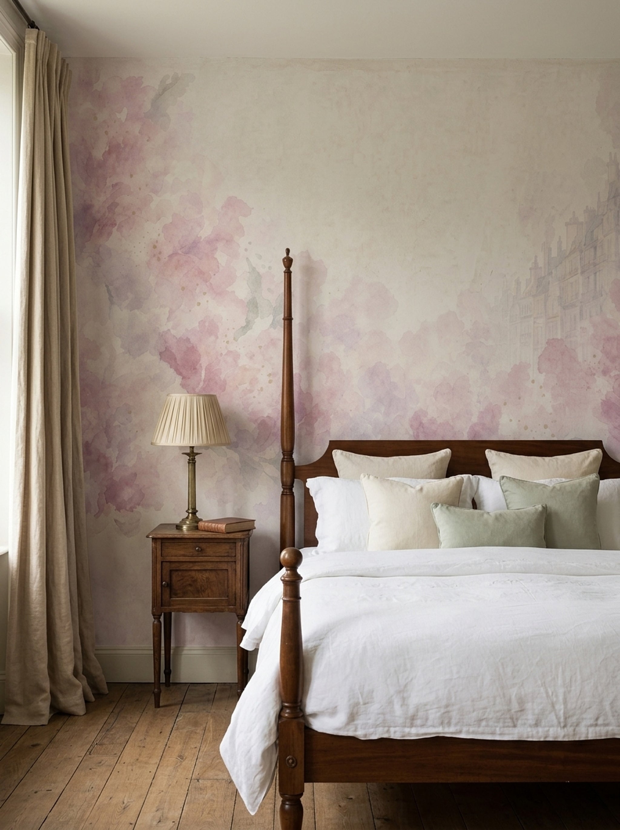 Watercolor Floral Wallpaper Pink Flowers Cream Background Wall Mural