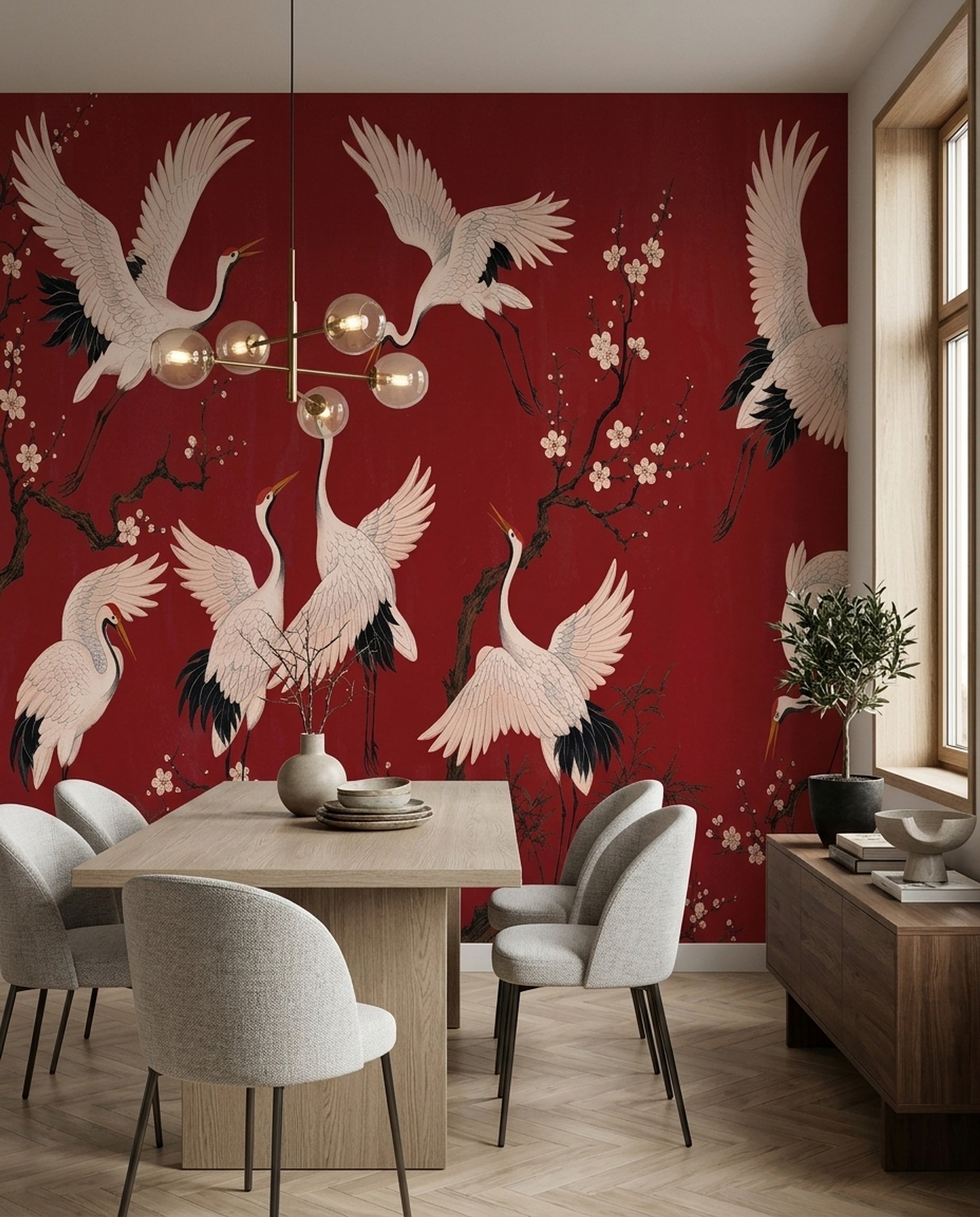 Cranes Wallpaper Cherry Blossoms Red Background Wall Mural