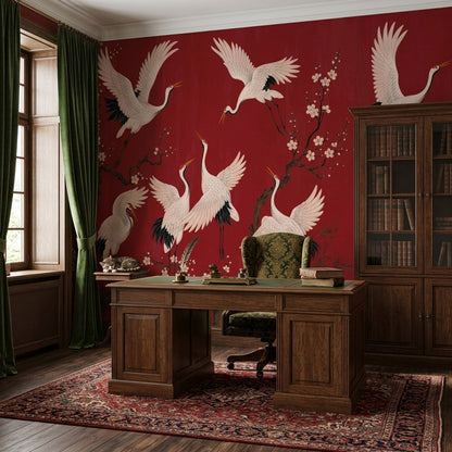 Cranes Wallpaper Cherry Blossoms Red Background Wall Mural