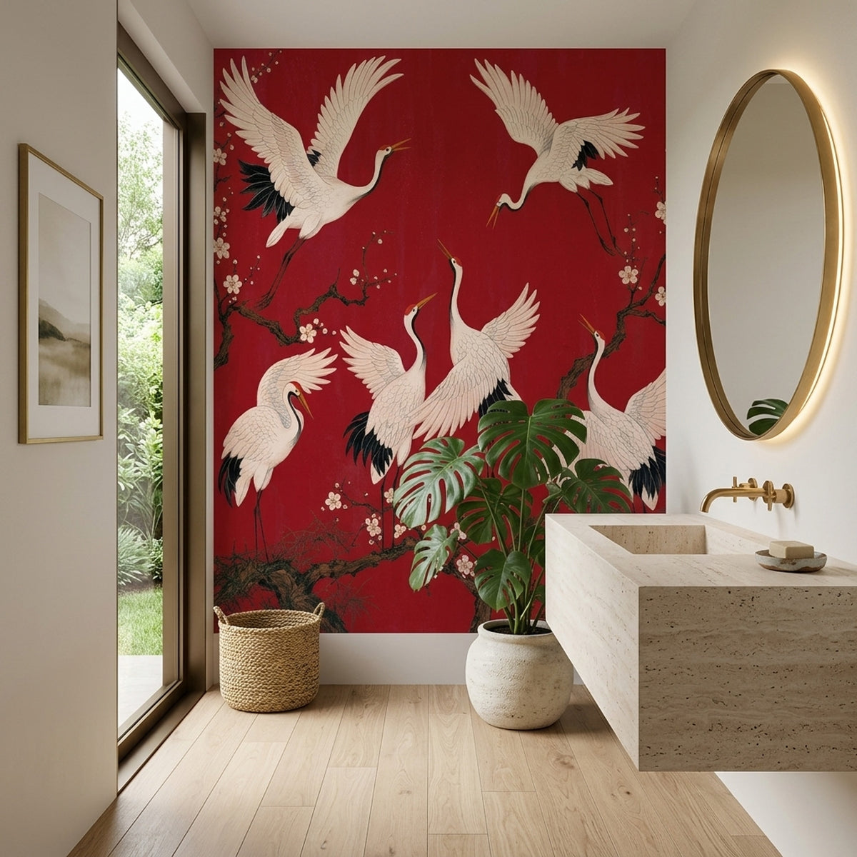 Cranes Wallpaper Cherry Blossoms Red Background Wall Mural