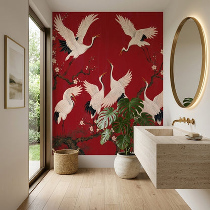 Cranes Wallpaper Cherry Blossoms Red Background Wall Mural