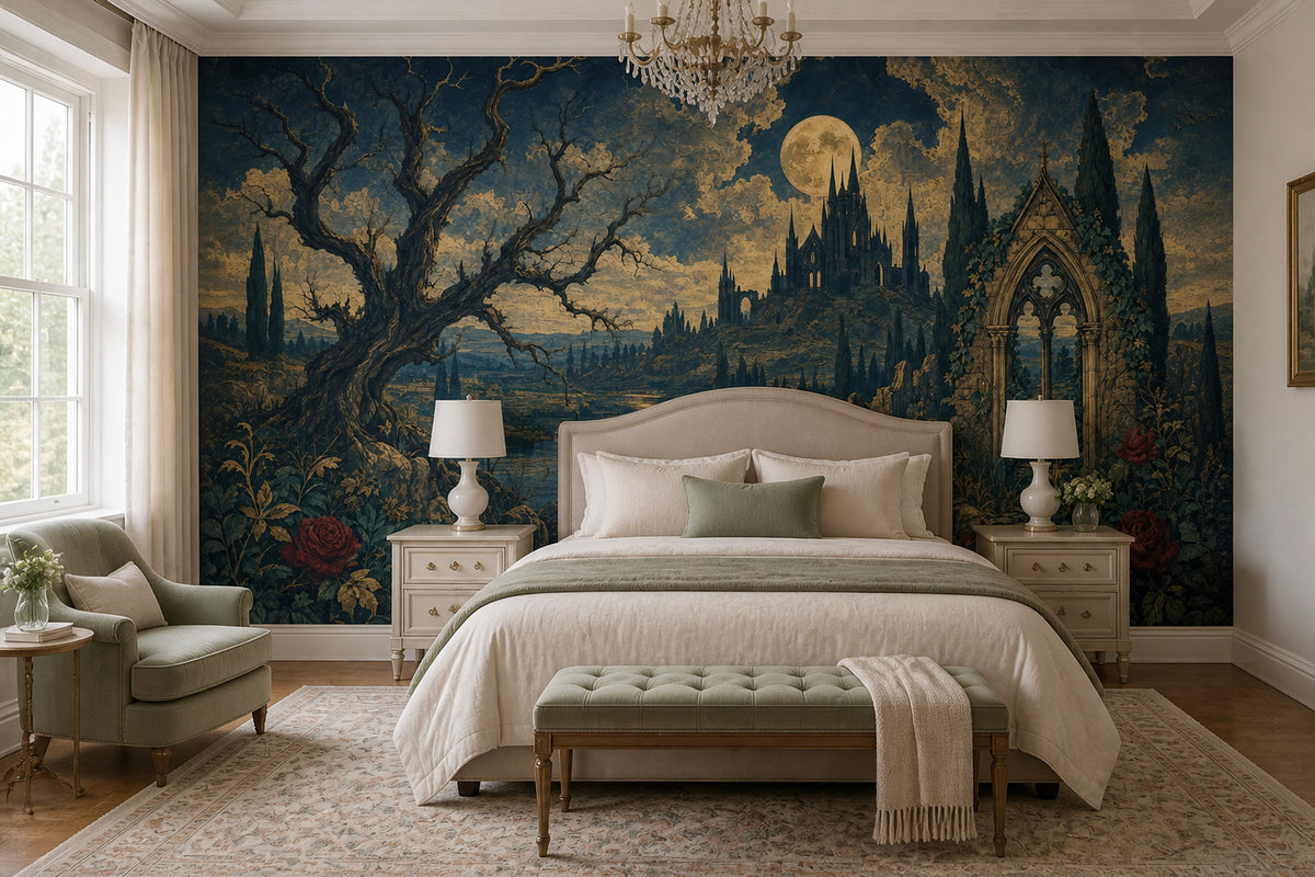 Dark Gothic Landscape Wallpaper Moonlit Castle Twisted Tree Wall Mural