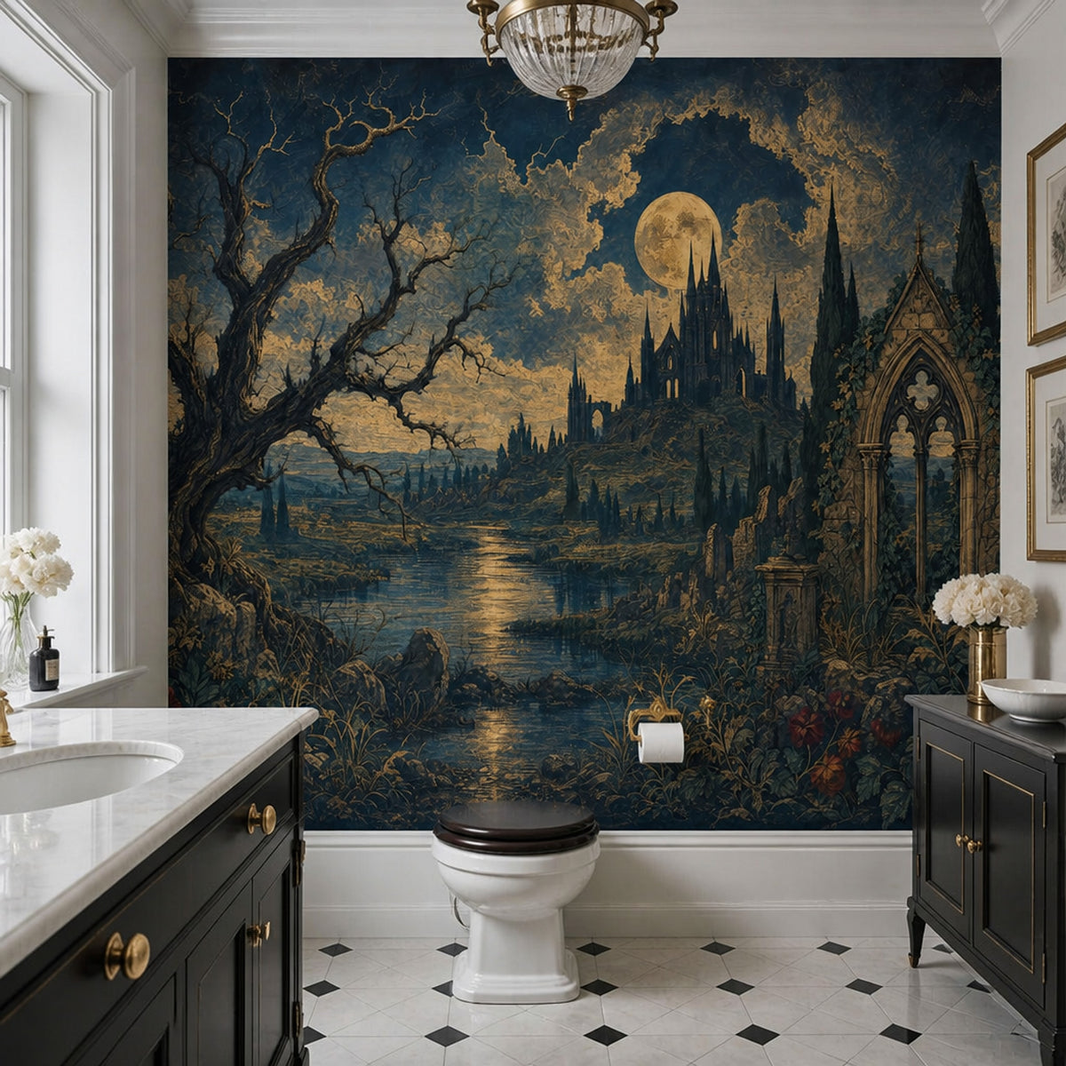 Dark Gothic Landscape Wallpaper Moonlit Castle Twisted Tree Wall Mural