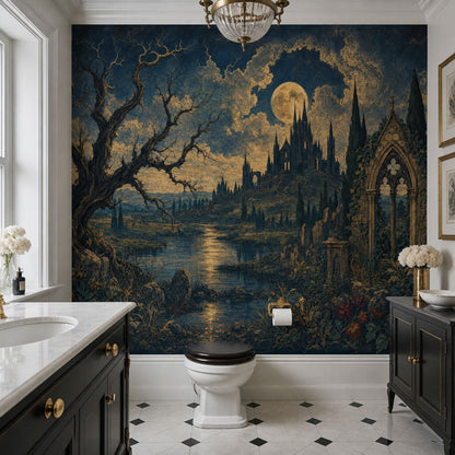 Dark Gothic Landscape Wallpaper Moonlit Castle Twisted Tree Wall Mural