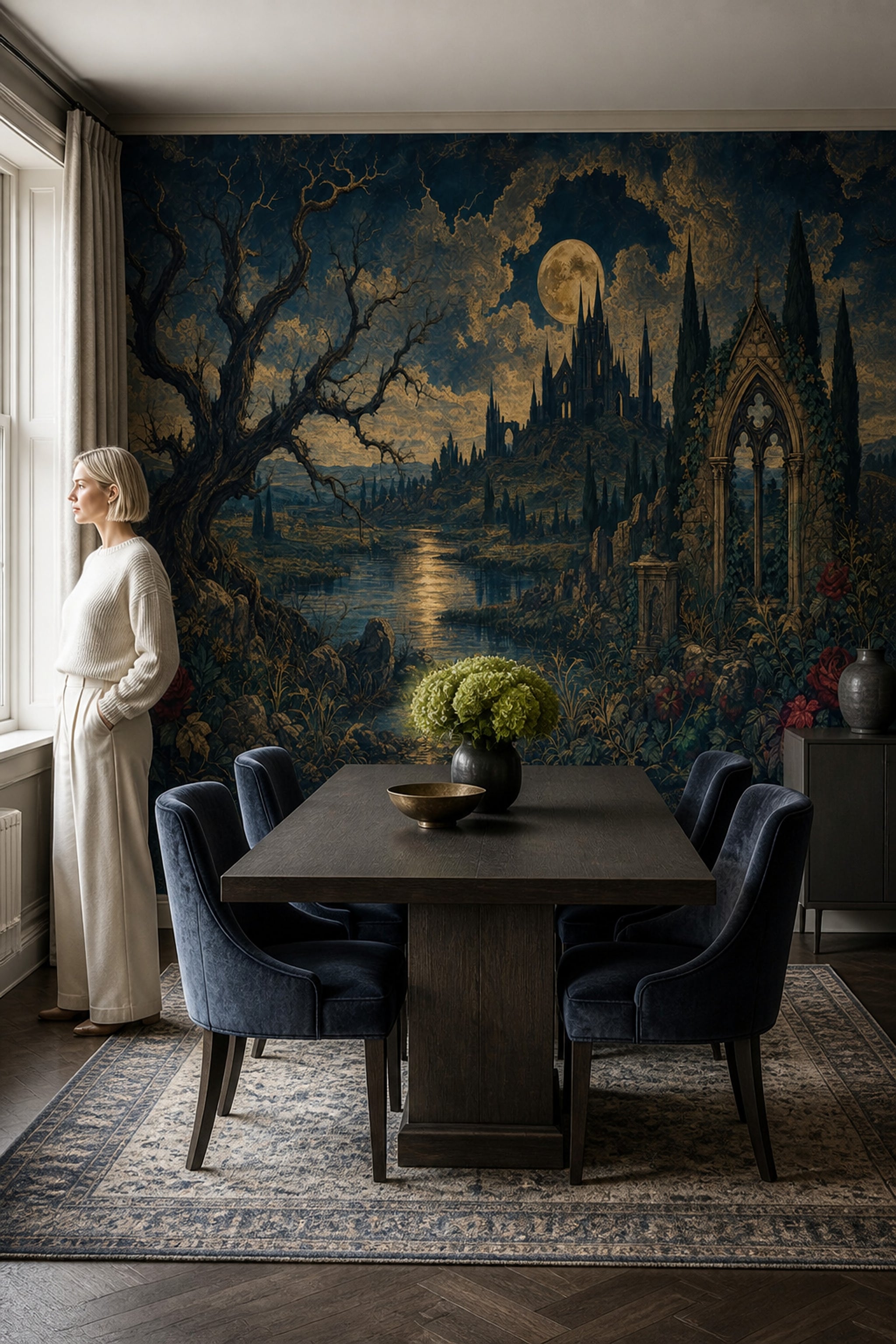 Dark Gothic Landscape Wallpaper Moonlit Castle Twisted Tree Wall Mural