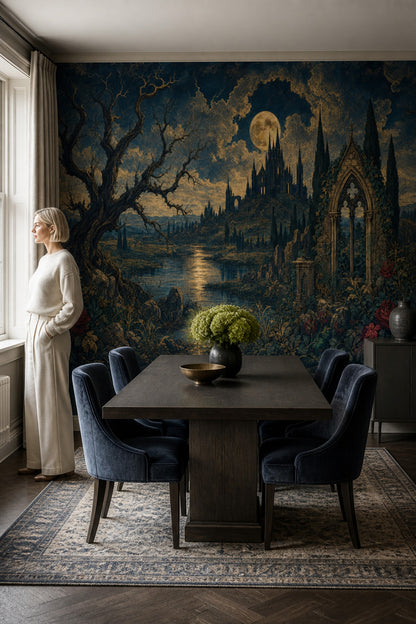 Dark Gothic Landscape Wallpaper Moonlit Castle Twisted Tree Wall Mural