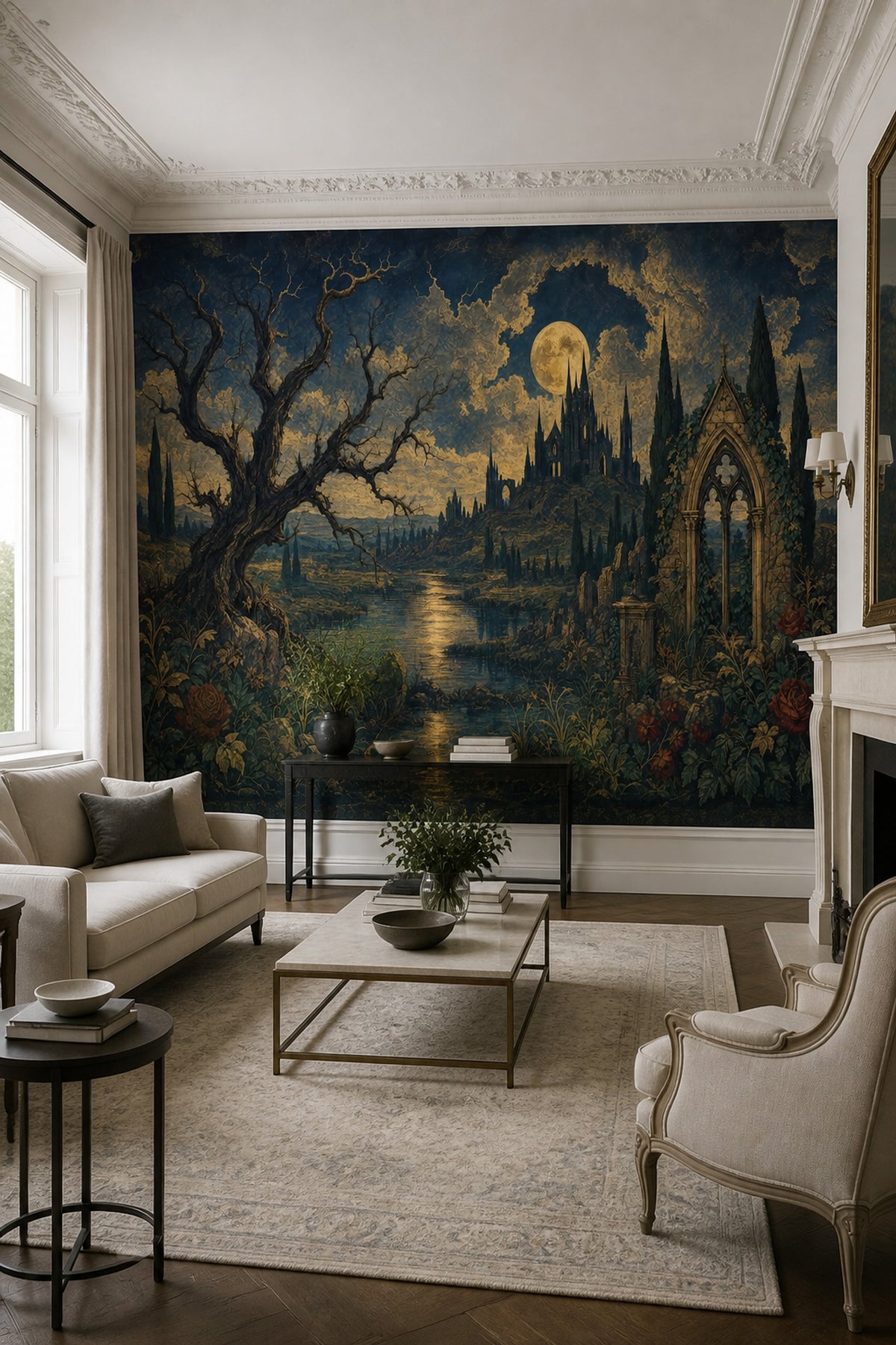 Dark Gothic Landscape Wallpaper Moonlit Castle Twisted Tree Wall Mural