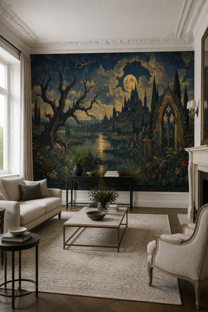 Dark Gothic Landscape Wallpaper Moonlit Castle Twisted Tree Wall Mural