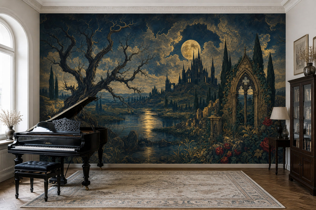 Dark Gothic Landscape Wallpaper Moonlit Castle Twisted Tree Wall Mural