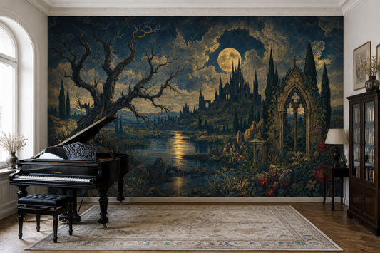 Dark Gothic Landscape Wallpaper Moonlit Castle Twisted Tree Wall Mural