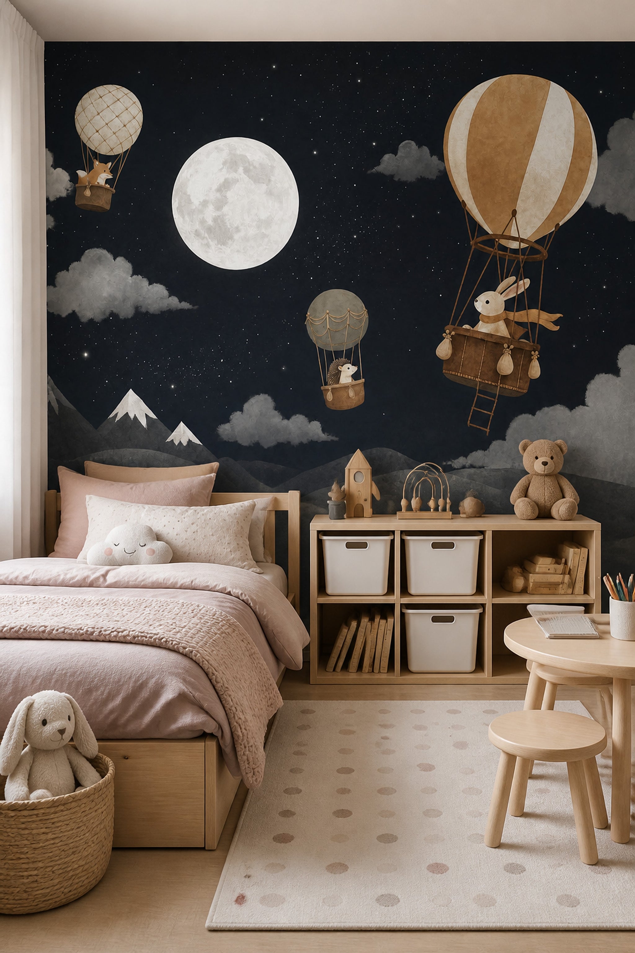 Night Sky Wallpaper Hot Air Balloons Full Moon Removable Wall Decor