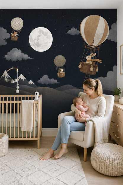Night Sky Wallpaper Hot Air Balloons Full Moon Removable Wall Decor