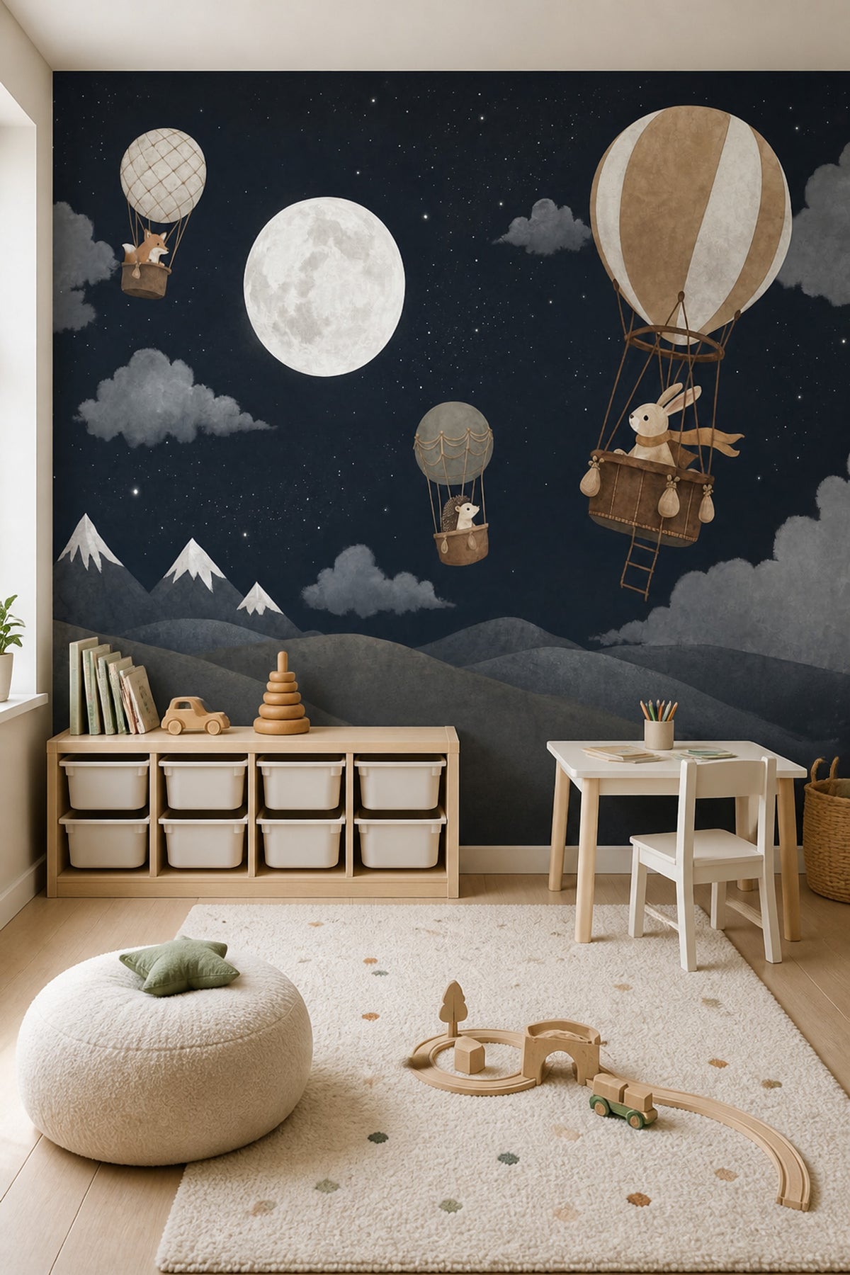 Night Sky Wallpaper Hot Air Balloons Full Moon Removable Wall Decor