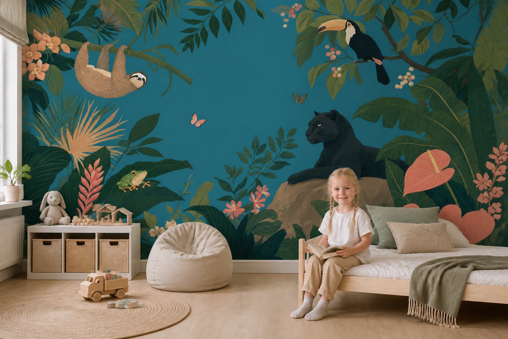 Tropical Jungle Wallpaper Teal Background Removable Botanical Mural Wall Decor
