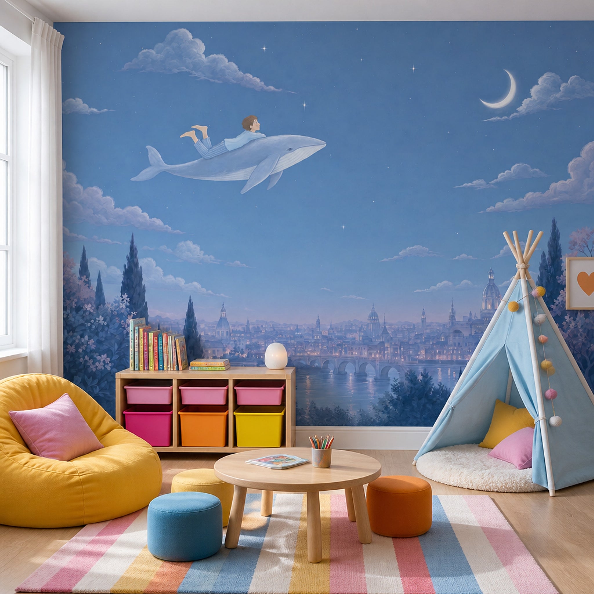 Flying Whale Wallpaper Blue Night Sky Crescent Moon Removable Wall Decor