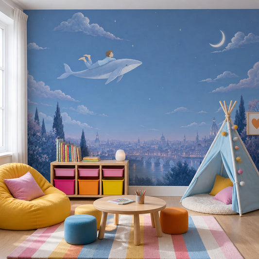 Flying Whale Wallpaper Blue Night Sky Crescent Moon Removable Wall Decor