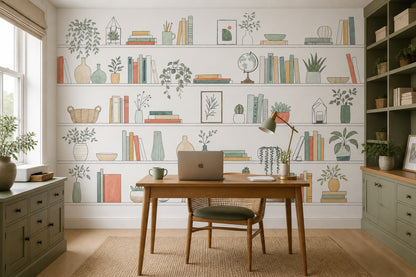 Bookshelf Wallpaper Plants Botanical Removable Wall Decor
