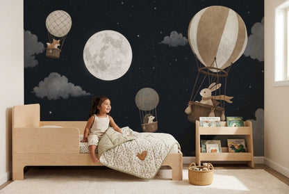 Night Sky Wallpaper Hot Air Balloons Full Moon Removable Wall Decor