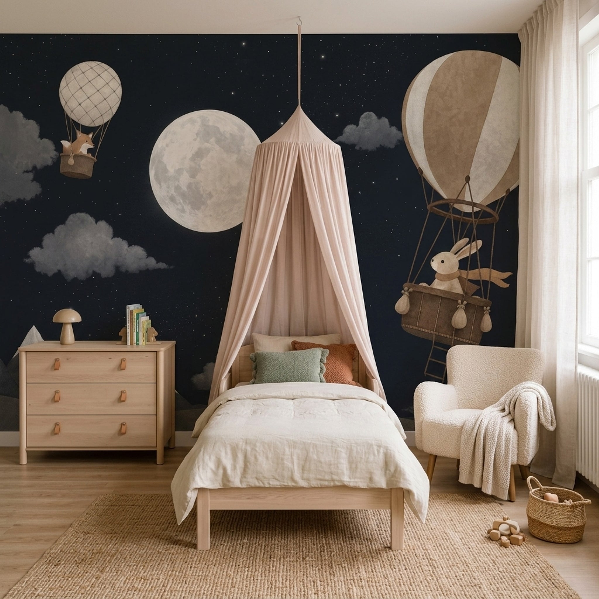 Night Sky Wallpaper Hot Air Balloons Full Moon Removable Wall Decor