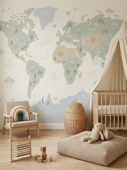 World Map Wallpaper Kids Geography Removable Educational Wall Decor