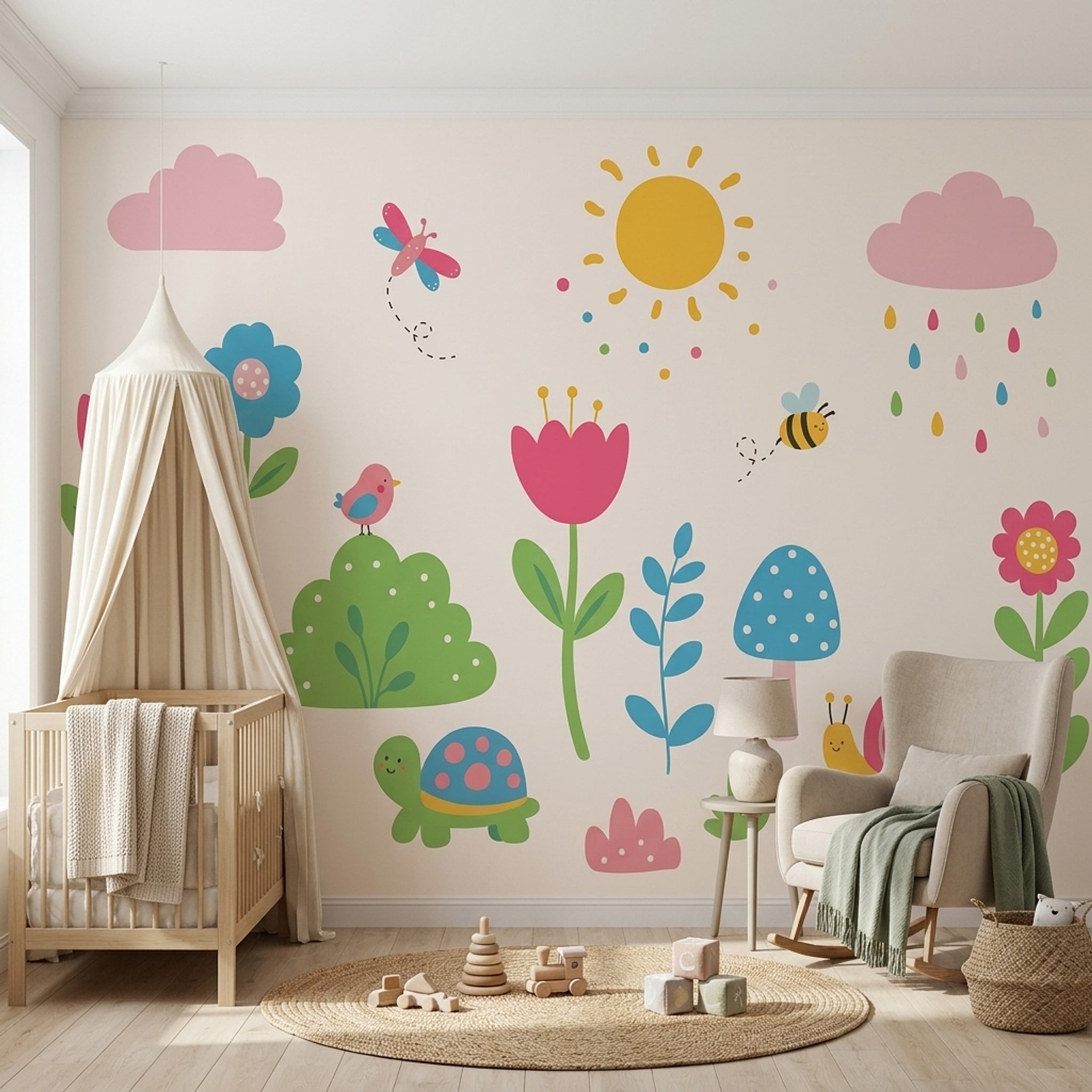 Nursery Wallpaper Children Garden Removable Whimsical Flowers Wall Decor