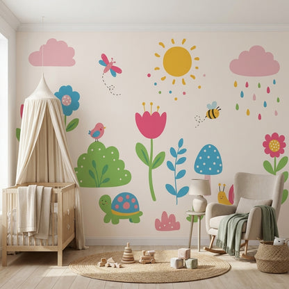 Nursery Wallpaper Children Garden Removable Whimsical Flowers Wall Decor