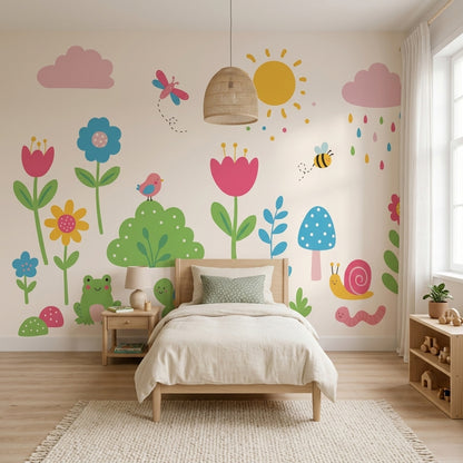 Nursery Wallpaper Children Garden Removable Whimsical Flowers Wall Decor