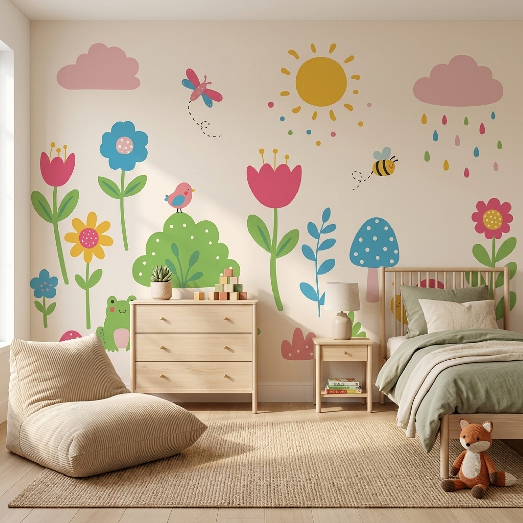 Nursery Wallpaper Children Garden Removable Whimsical Flowers Wall Decor