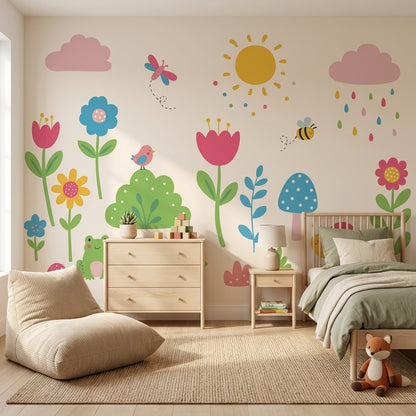 Nursery Wallpaper Children Garden Removable Whimsical Flowers Wall Decor