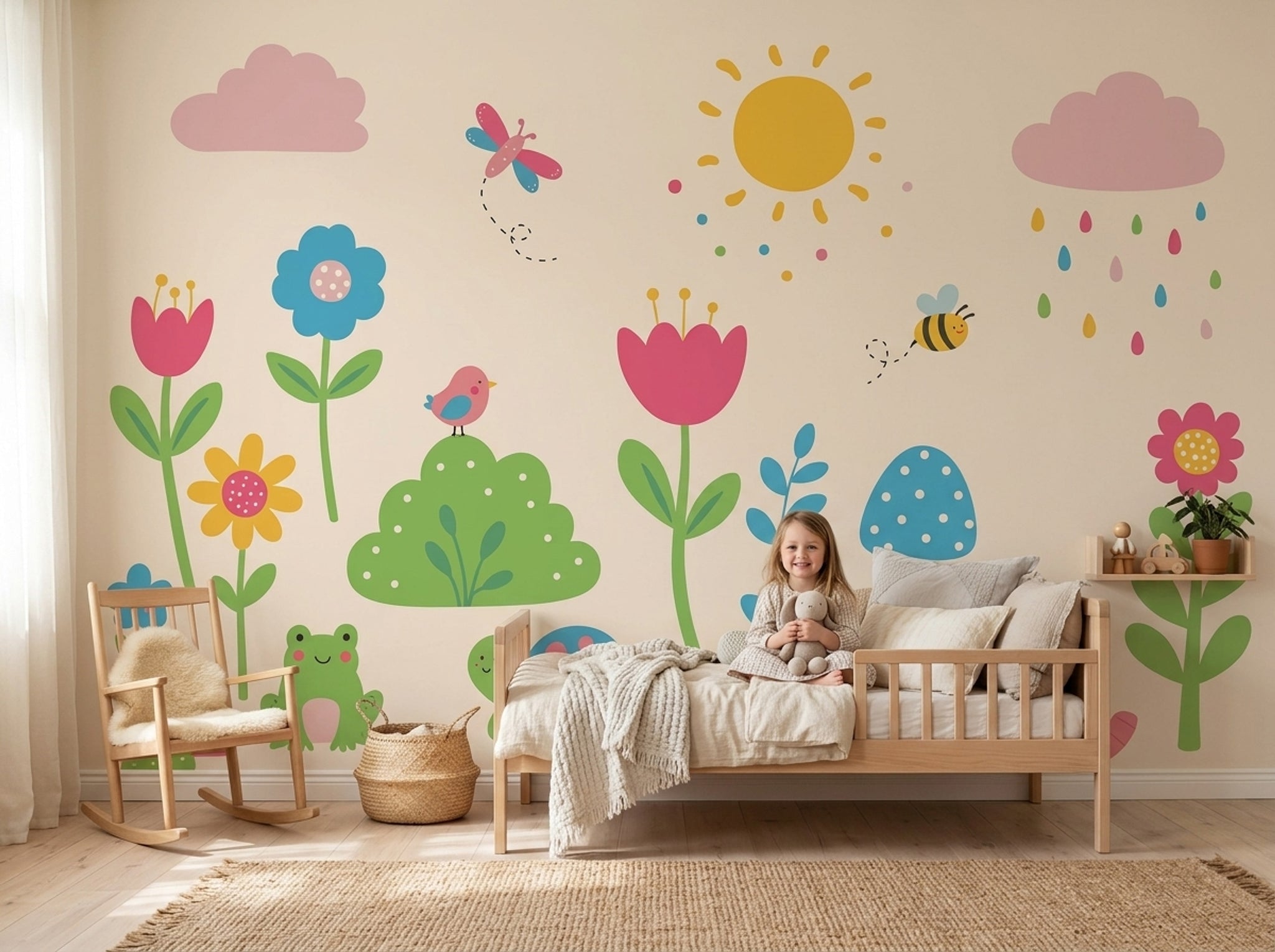 Nursery Wallpaper Children Garden Removable Whimsical Flowers Wall Decor