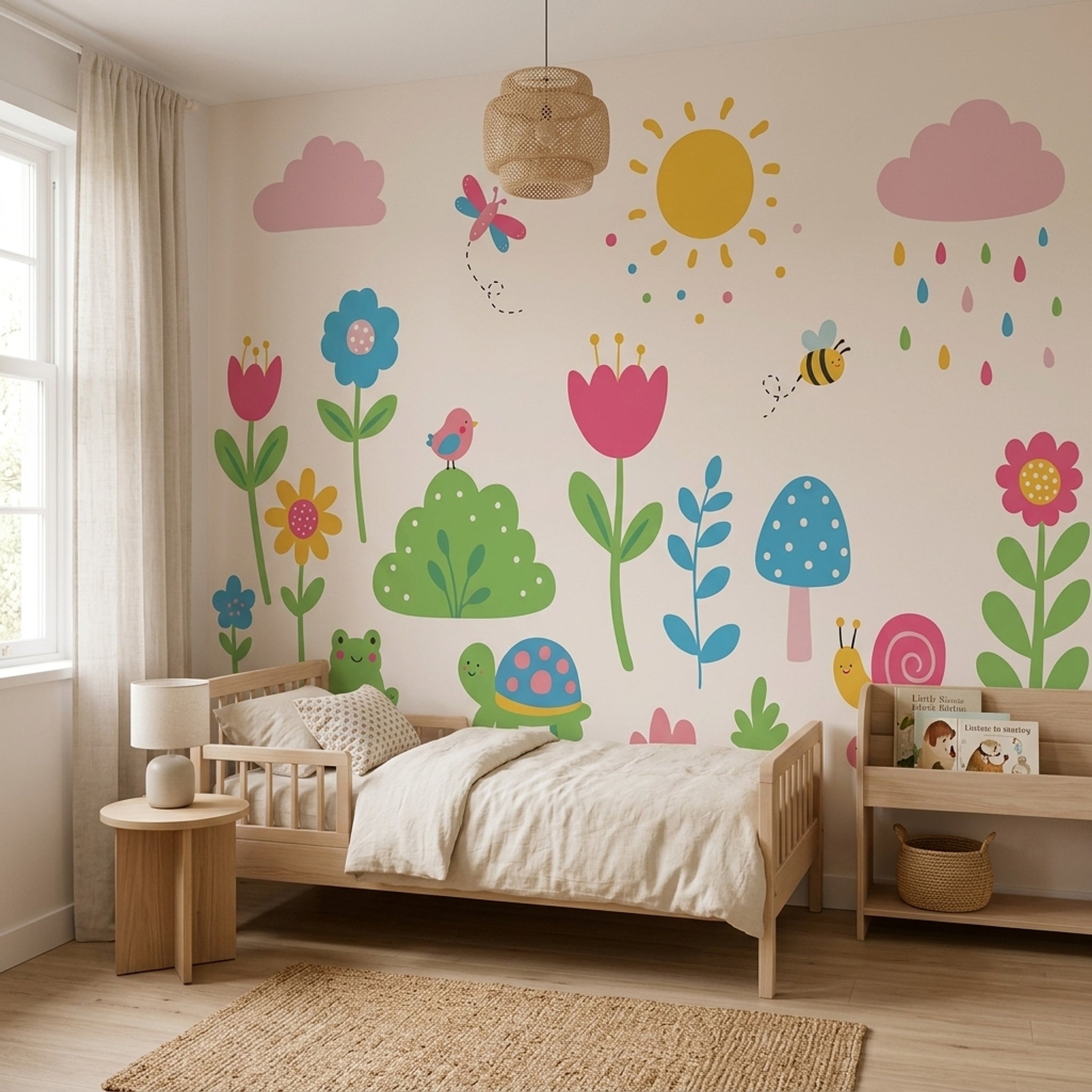 Nursery Wallpaper Children Garden Removable Whimsical Flowers Wall Decor