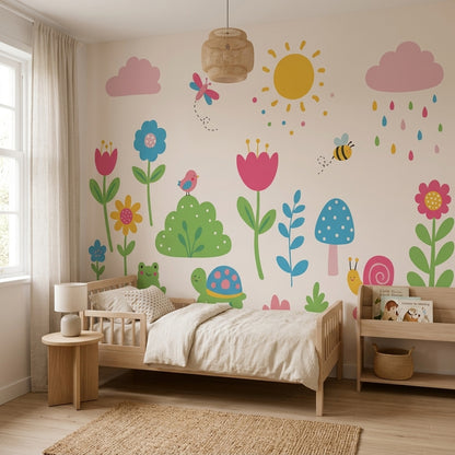 Nursery Wallpaper Children Garden Removable Whimsical Flowers Wall Decor