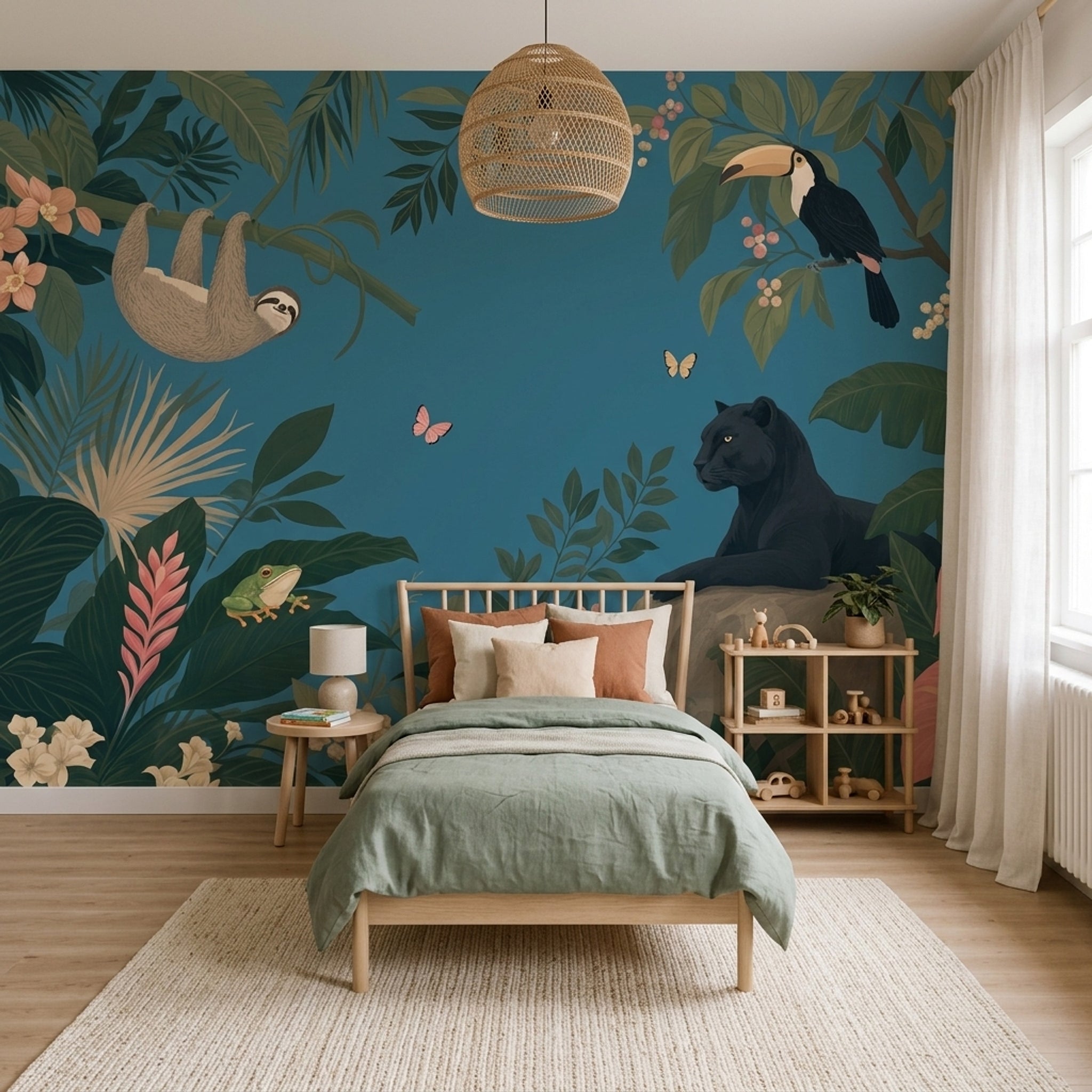 Tropical Jungle Wallpaper Teal Background Removable Botanical Mural Wall Decor