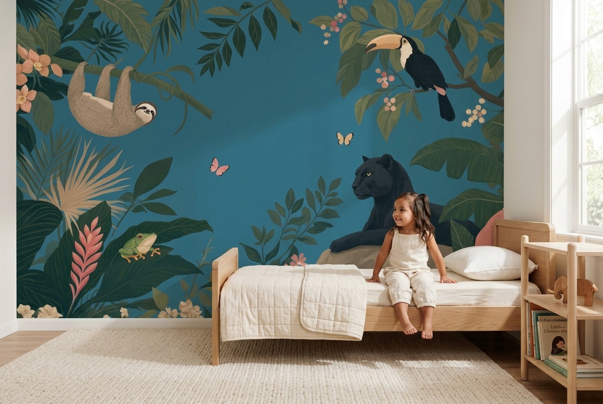 Tropical Jungle Wallpaper Teal Background Removable Botanical Mural Wall Decor