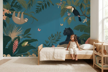 Tropical Jungle Wallpaper Teal Background Removable Botanical Mural Wall Decor