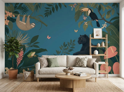 Tropical Jungle Wallpaper Teal Background Removable Botanical Mural Wall Decor