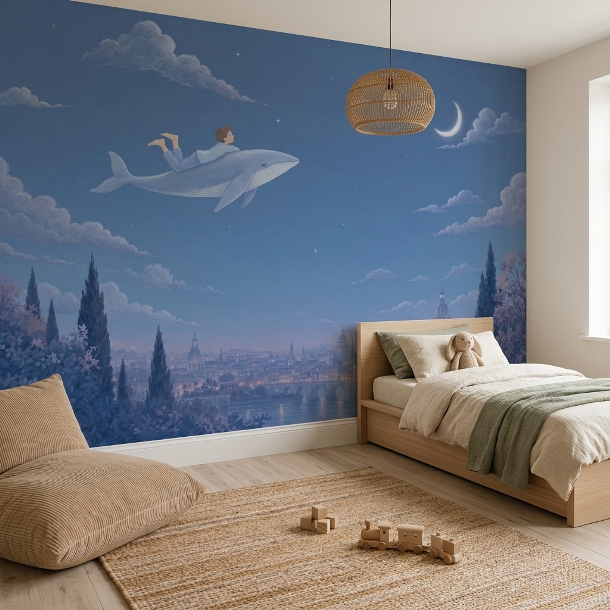 Flying Whale Wallpaper Blue Night Sky Crescent Moon Removable Wall Decor
