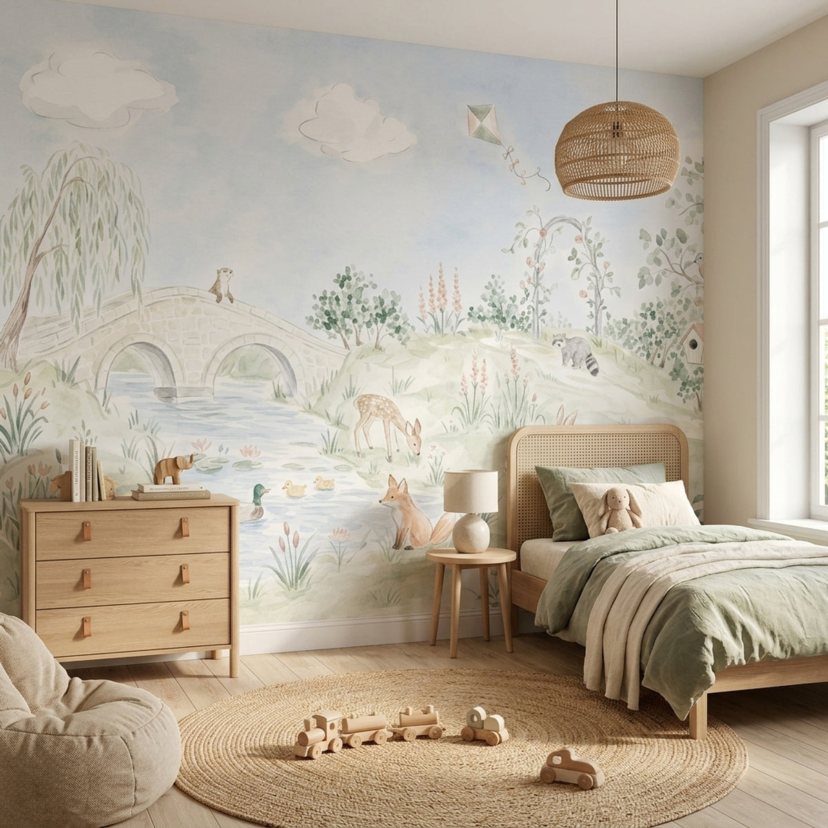 Watercolor Landscape Wallpaper Woodland Animals Removable Pond Wall Decor