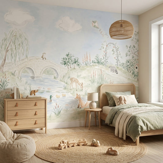 Watercolor Landscape Wallpaper Woodland Animals Removable Pond Wall Decor