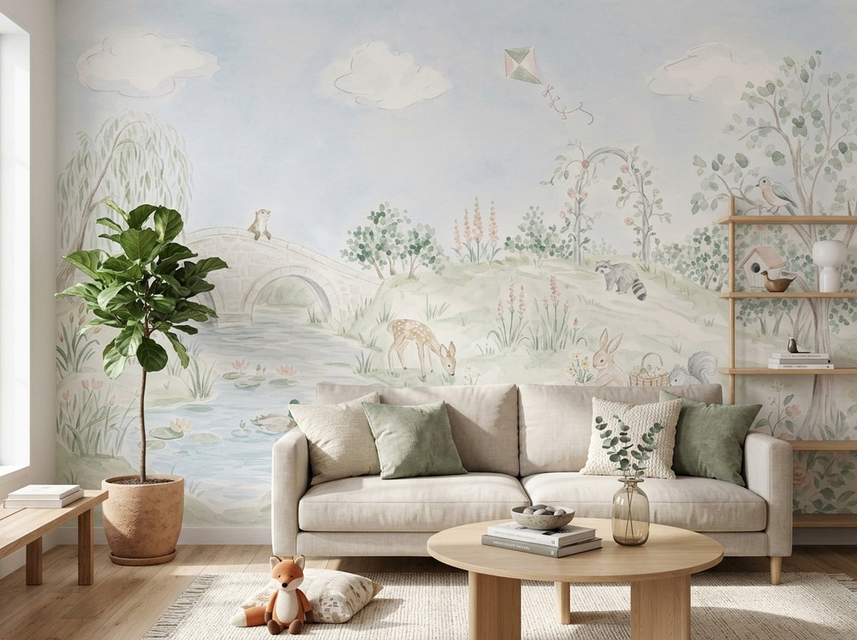 Watercolor Landscape Wallpaper Woodland Animals Removable Pond Wall Decor