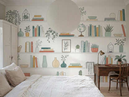 Bookshelf Wallpaper Plants Botanical Removable Wall Decor