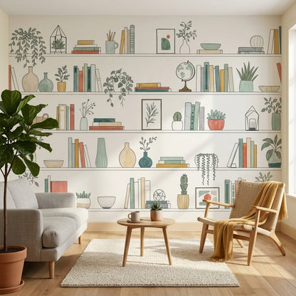 Bookshelf Wallpaper Plants Botanical Removable Wall Decor