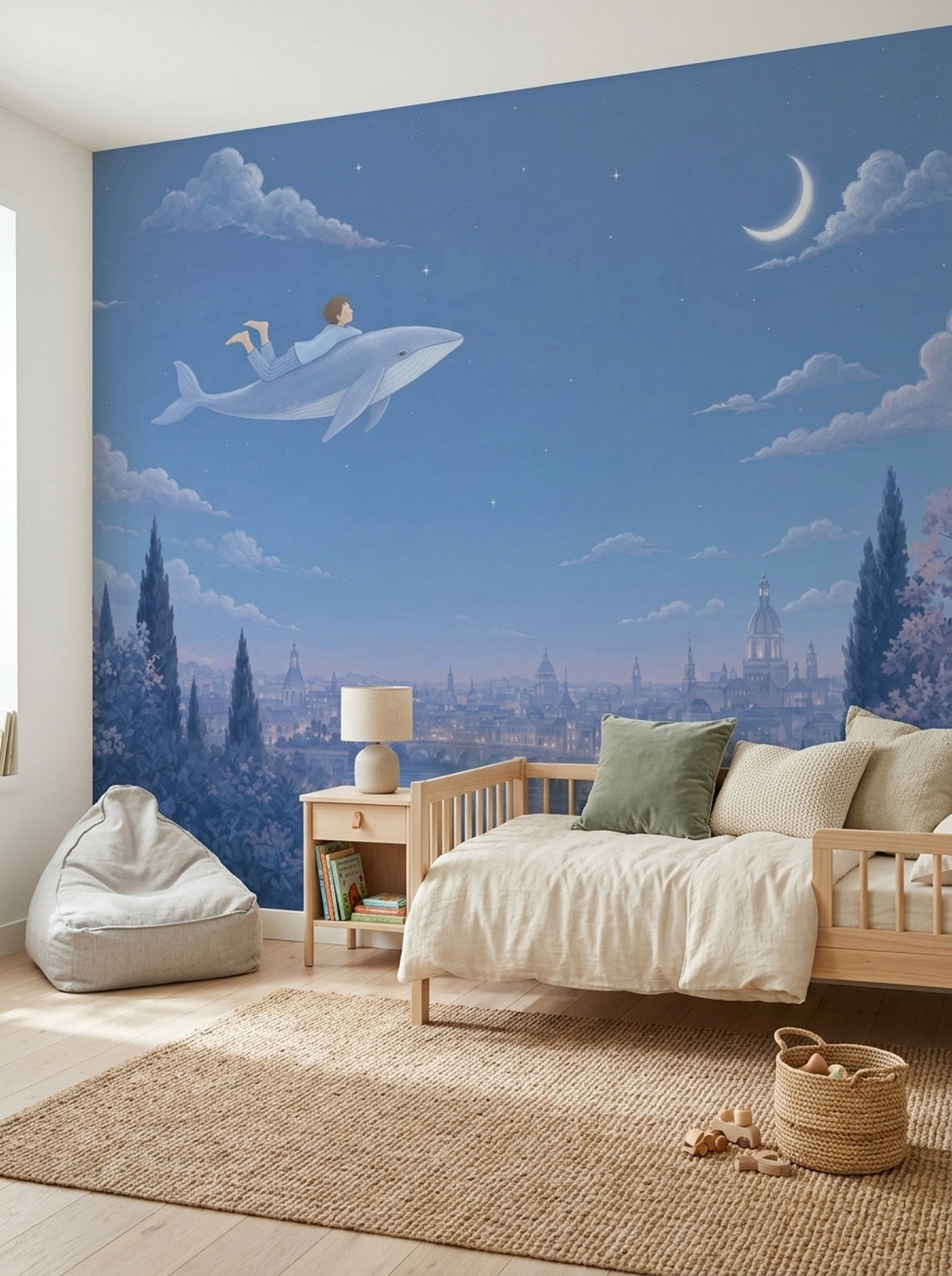 Flying Whale Wallpaper Blue Night Sky Crescent Moon Removable Wall Decor